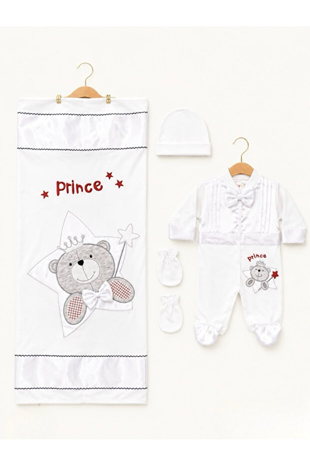 Baby Boy Prince Teddy Bear Embroidered 4-Piece Romper and Blanket Set