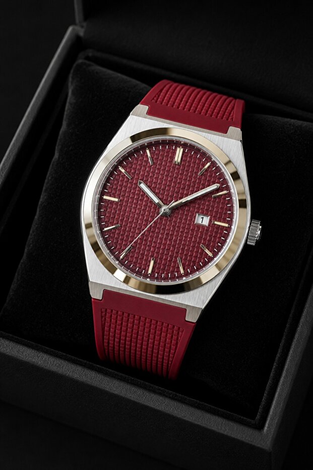 Silicone Cord Steel Case Men's Wristwatch with Calendar and Special Box