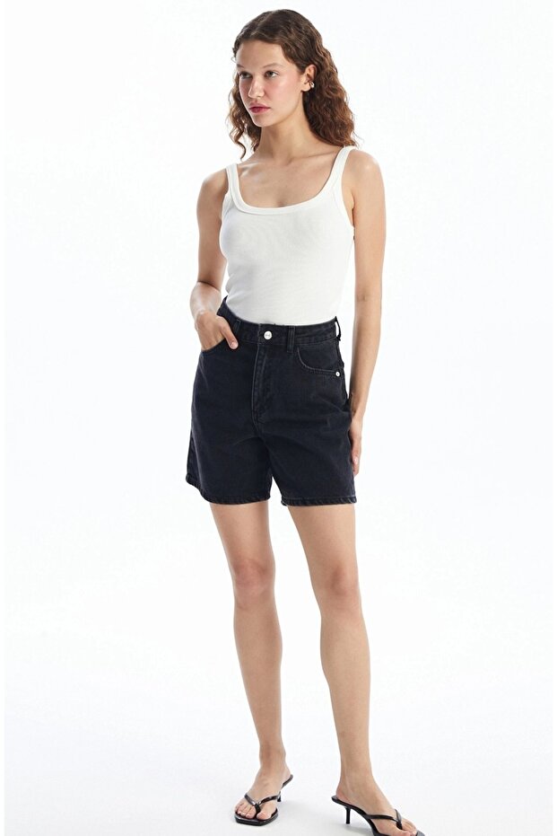 Yüksel Bel Standard Fit Black Women's Shorts
