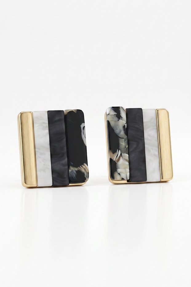 Stainless Steel Black and White Marble Pattern Geometric Gold Women's Earrings