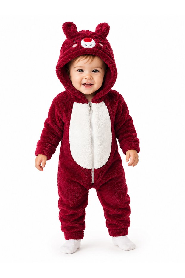 Sweet Teddy Bear Embroidery Patterned Welsoft Baby Romper Hooded Plush Zippered Winter Unisex Baby Romper