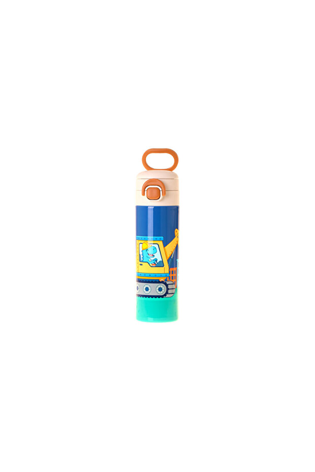 Kids 520 ml Dinosaur and Construction Vehicle Printed Blue - Yellow Boys' Steel Thermos Flask (Double Inner Locking Lid) - L5372