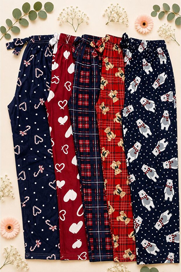 5-Piece Women's Suede Pajama Bottom Set Navy Blue Red Heart and Teddy Bear Patterned