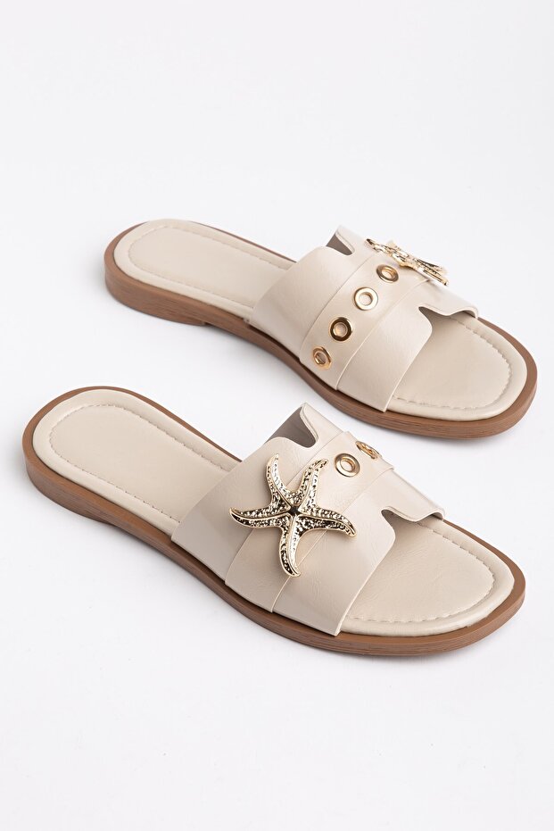 Women's Flat Heeled Slippers with Thick Straps and Ten Star Accessories