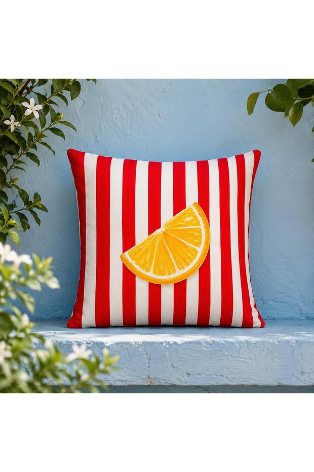 غطاء وسادة REYLA Positano مخطط باللون الأحمر ونقشة الليمون مقاس 45x45 سم مطبوع على الوجهين 1 قطعة