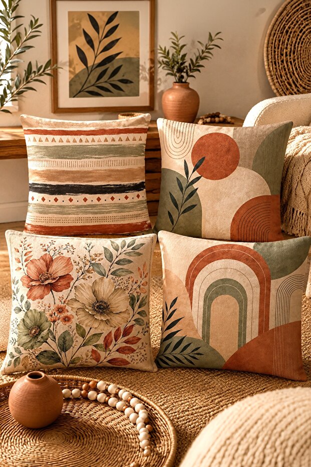 Flower and Sun Patterned 4-Piece Throw Pillow Cover Set