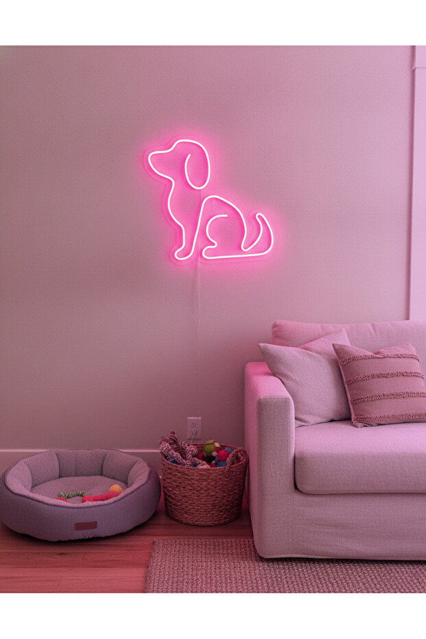Köpek Figürlü LED Neon Duvar Tablosu | Pembe Aydınlatmalı Modern Dekor | Çocuk Odası - 1