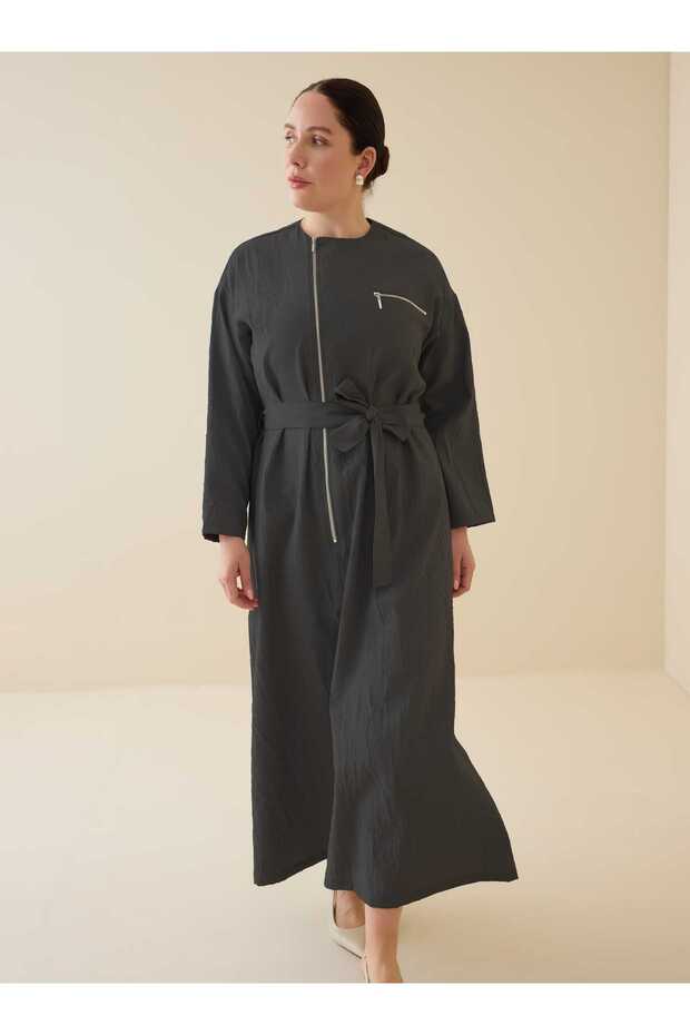 Zipper Detail Belted Plus Size Dress - Black - -Exclusive