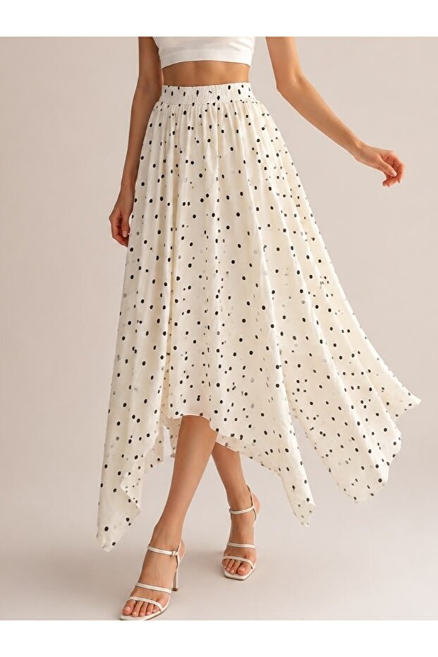 White Asymmetrical Polka Dot Skirt - 3465
