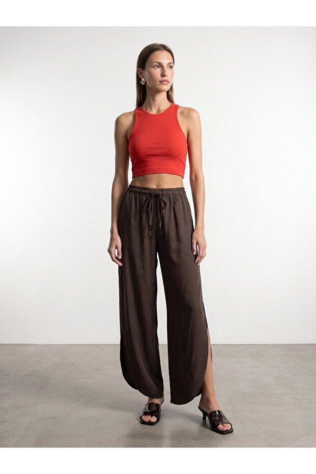 72343 100% Lyocell Side Open Trousers-Brown