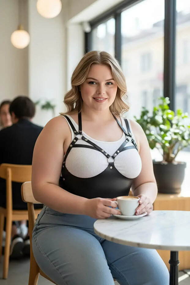 Plus Size Black Women's Belt Ring Detailed Leather Bra Harness Body Accessory