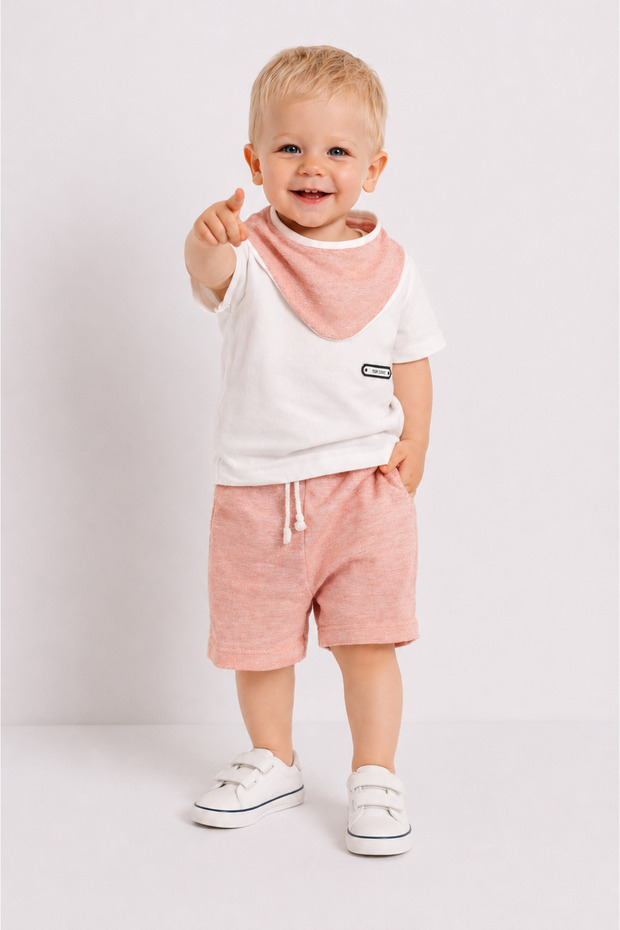 Baby Muslin Summer Shorts Set – 100% Cotton Soft Textured T-Shirt, Shorts and Scarf Set