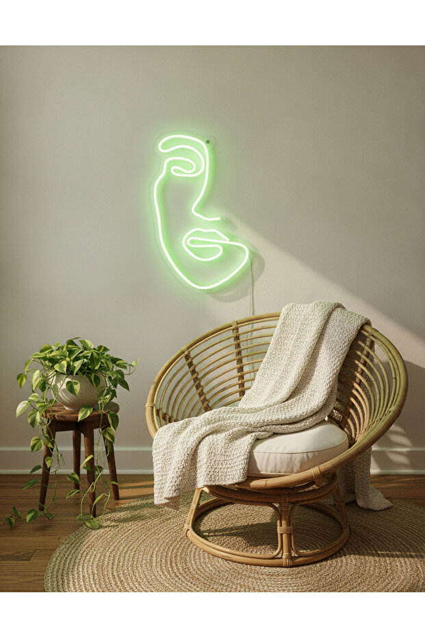 Soyut Yüz Figürlü LED Neon Duvar Tablosu | Yeşil Aydınlatmalı Modern Dekor | Salon - 3