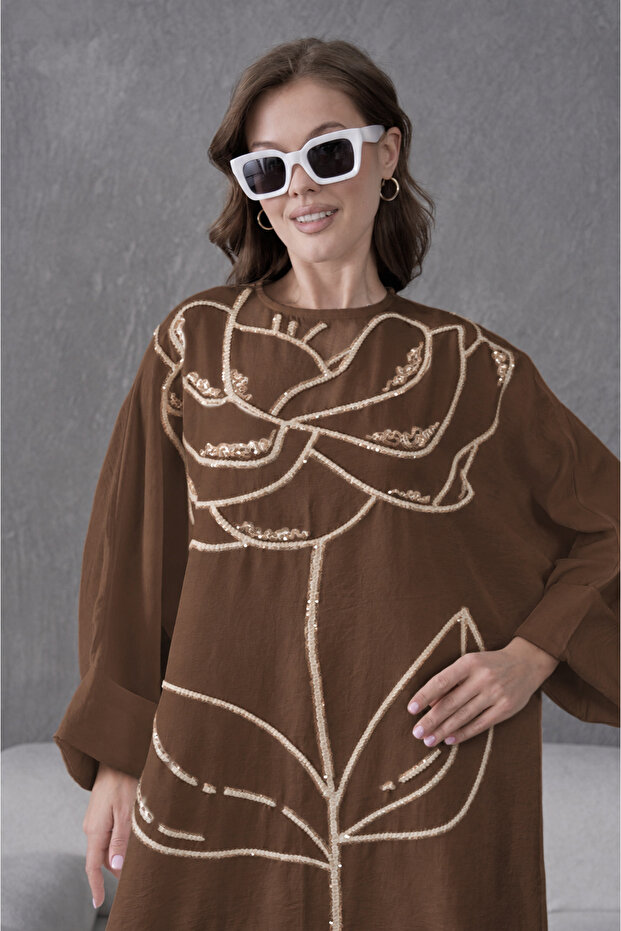 Women's Sequin Embroidered Linen Wide-Fit Long Dress