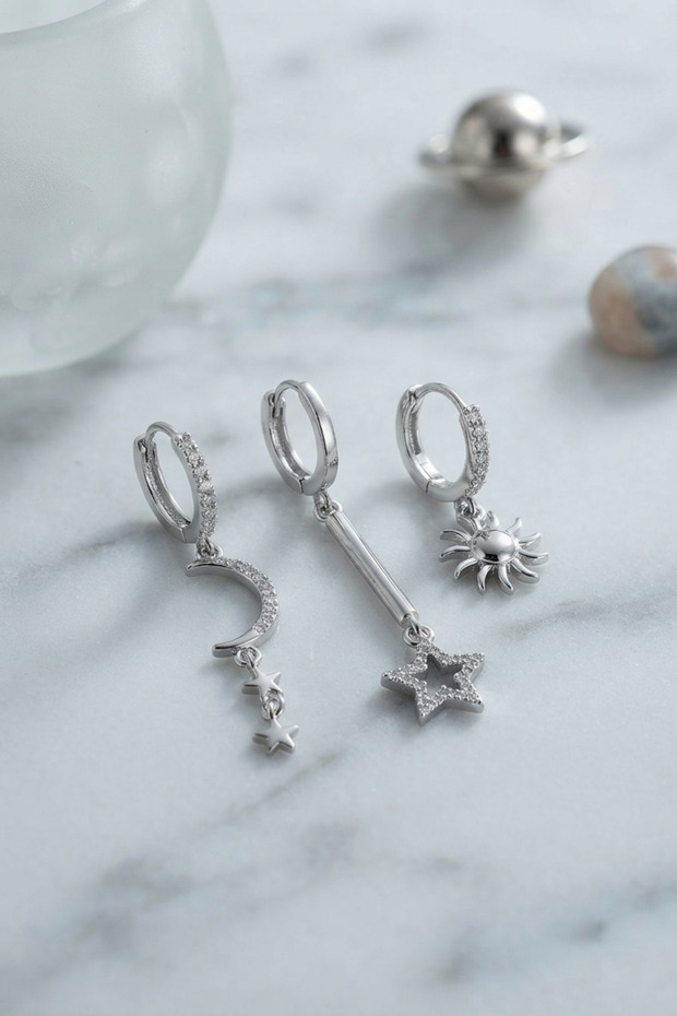 Set of 3 Moon Star and Sun Model Silver Color Women's Earrings Tj-Bkp11957