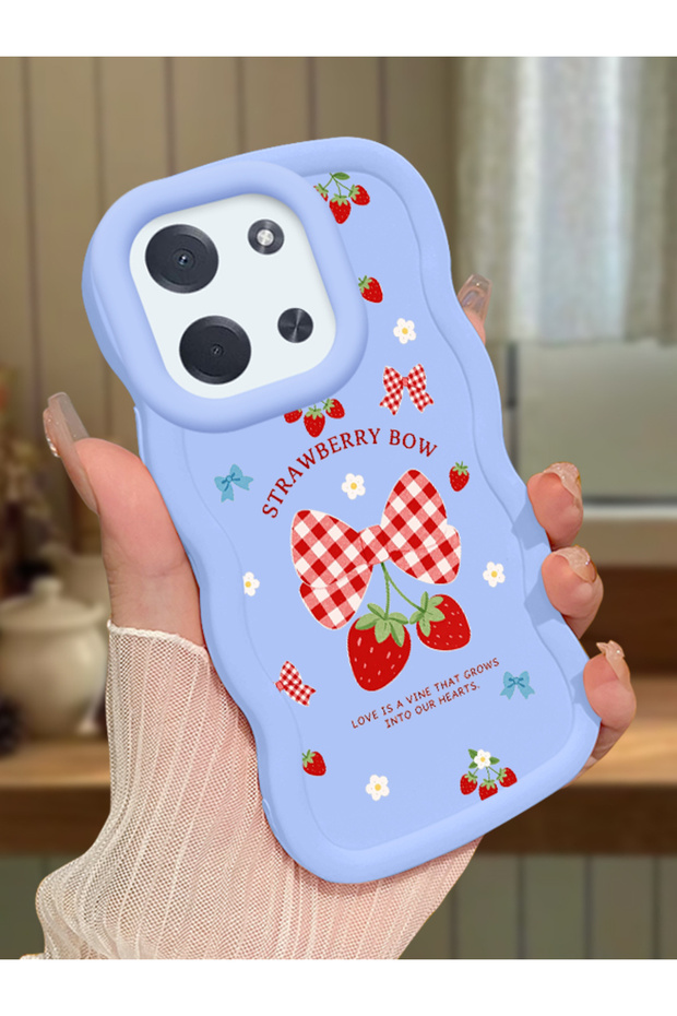 Poco C85 Compatible Case Camera Protector Blue Silicone Couple Phone Case Strawberry Pattern