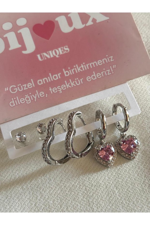 3 Pairs of Heart Single Stone Figured Steel Women's Earrings