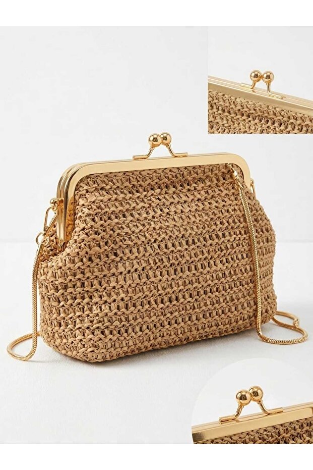 Yazlik Gold Detailled Straw Chain Strap and Handbag