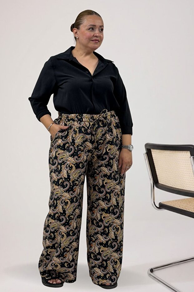 69013 Plus Size Elastic Waist Wide Leg Mango Pants with Pockets - Ethnic Pattern Black
