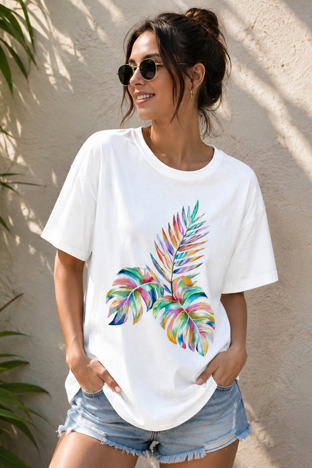 Colorful Tropical Leaf Printed Crew Neck Casual Unisex Oversize T-Shirt - Cotton Casual T-Shirt