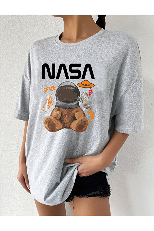 Nasa Bear Design Printed Oversize T-Shirt