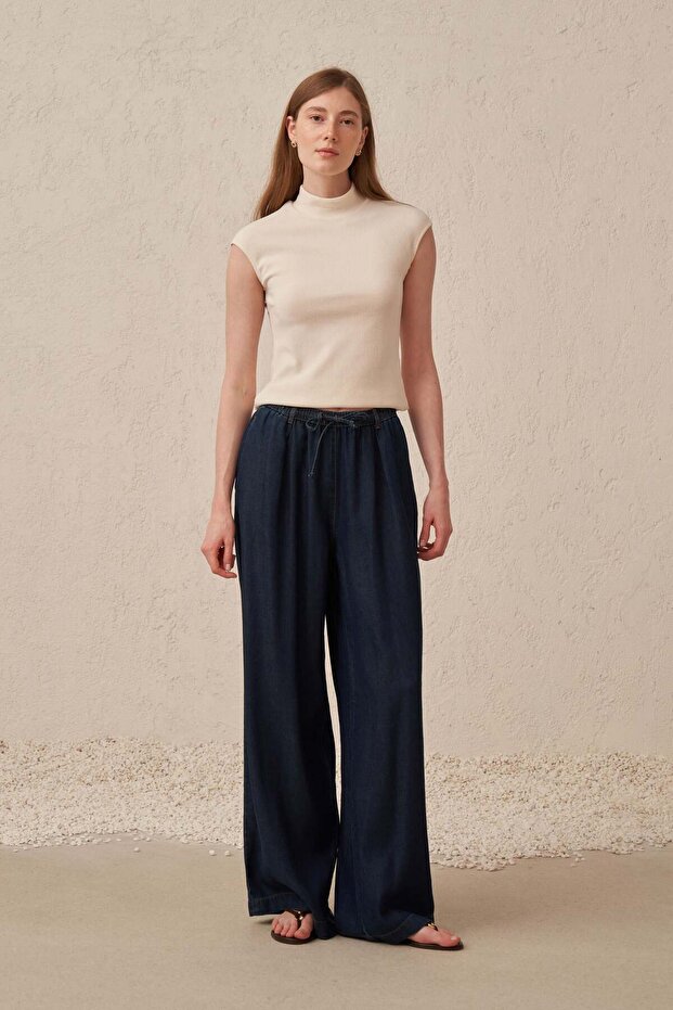 Blue-Beli Elastic Denim Trousers