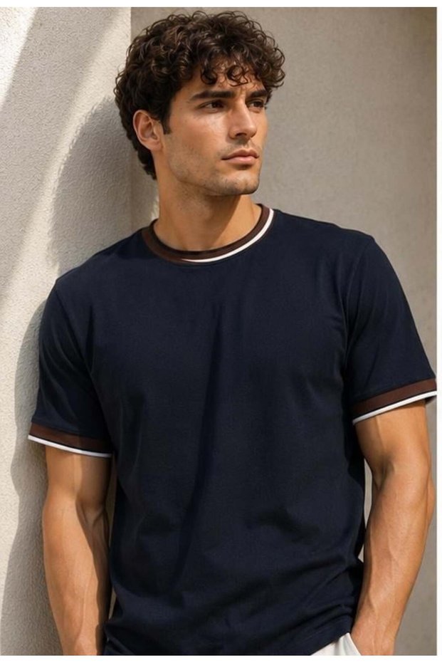 Men's short sleeve crew neck t-shirt with stripe detail - solid color 4224