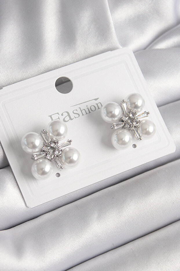 Brass Silver Color Women's Earrings with Zircon Stone and Pearls