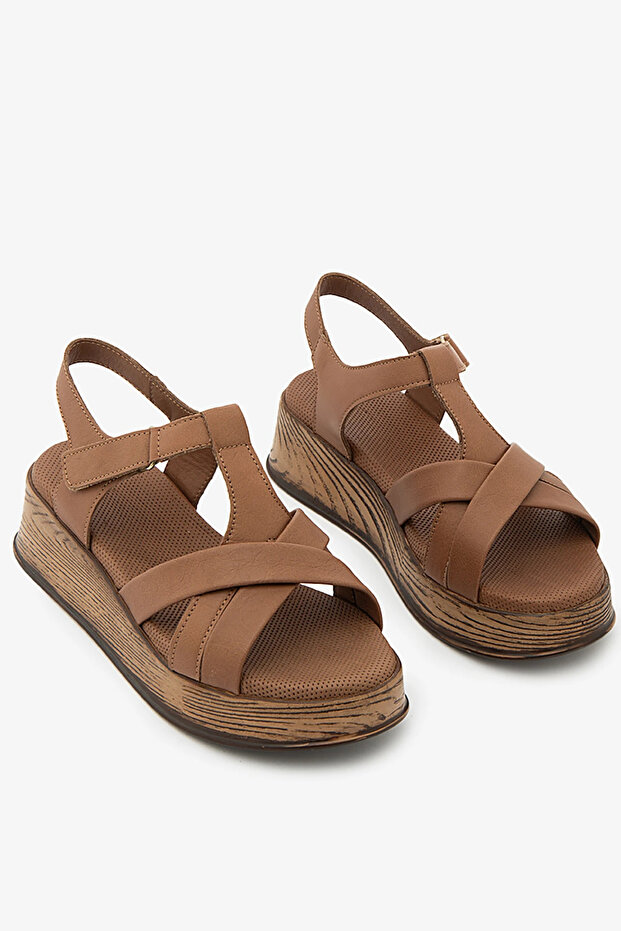 Tan Genuine Leather Cross-Strapped Wedge Sole Women's Sandals