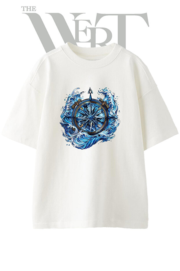 Compass Wave Design Printed Unisex White Oversize T-Shirt