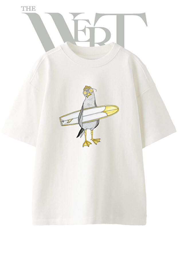 Seagull Surfboard Design Printed Unisex White Oversize T-Shirt