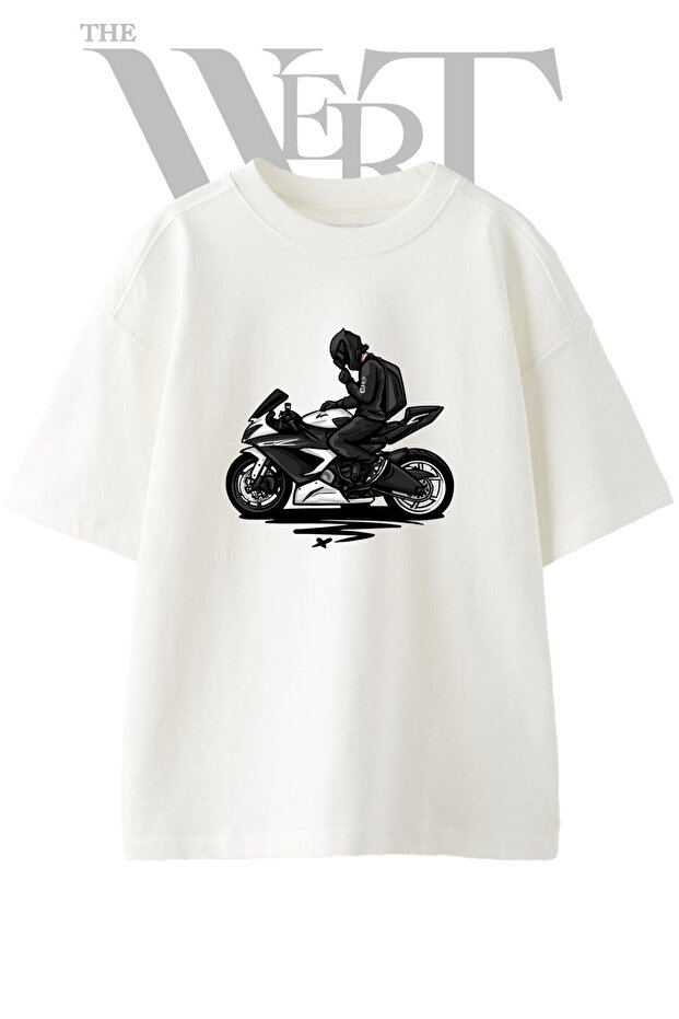 Helmeted Biker Design Printed Unisex White Oversize T-Shirt