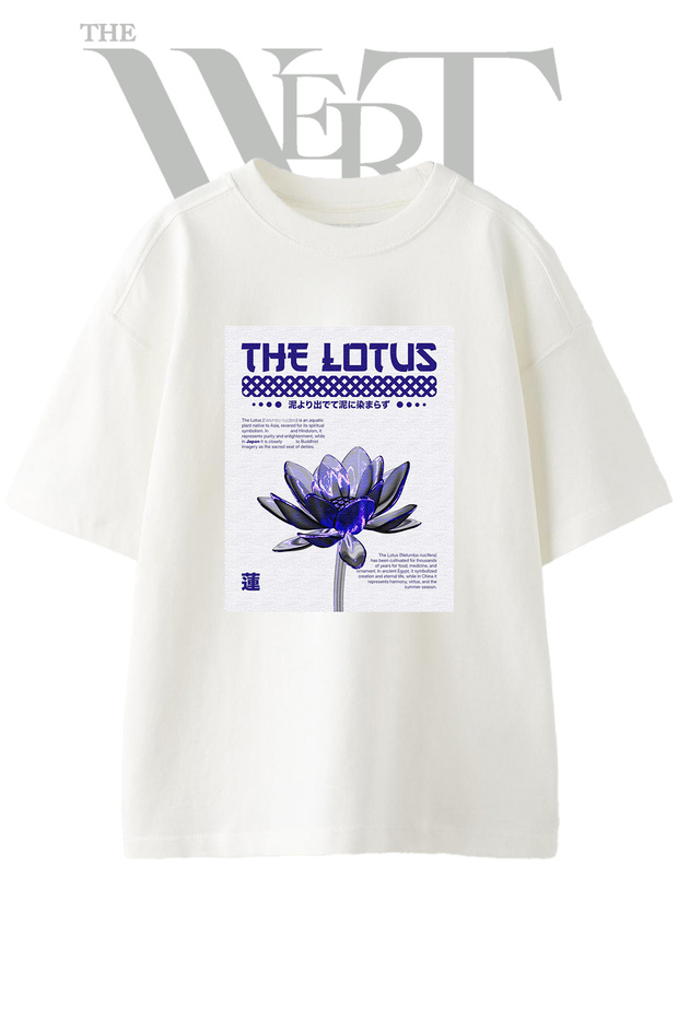 Lotus Design Printed Unisex White Oversize T-Shirt