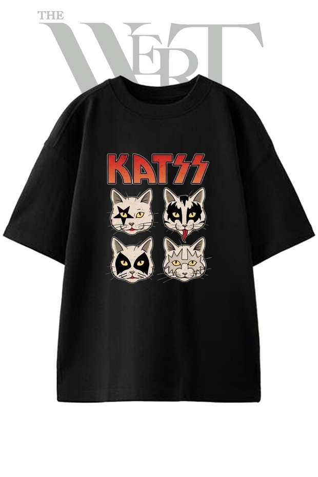 Katz Cats Design Printed Unisex Black Oversize T-Shirt