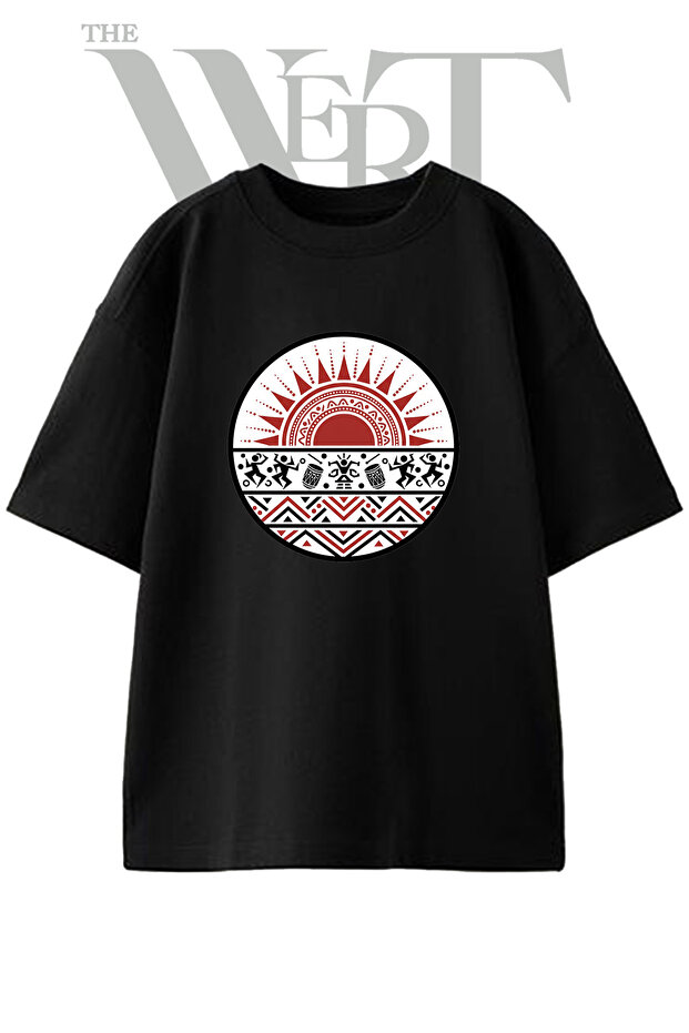 Tribal Symbol Design Printed Unisex Black Oversize T-Shirt