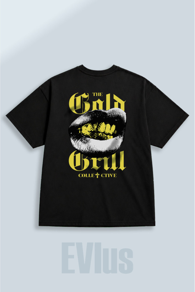 Oversize Gold Grill Printed 100% Cotton Crew Neck Loose Fit Black T-Shirt