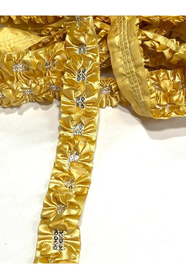 Silver Sequin Detailed Pleated Satin Ruffle Ribbon / Sewing and Embellishment Ribbon - 4 cm / 1 Meter