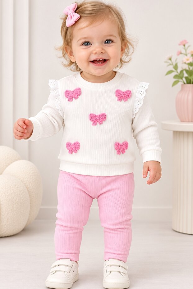 Baby Girl Long Sleeve Top and Bottom Set with Bow, 100% Cotton