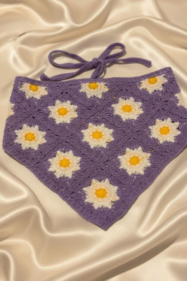 Purple Floral Motif Tie-Up Bandana, Knitted Summer Hair Bandana for Beach Daily Use