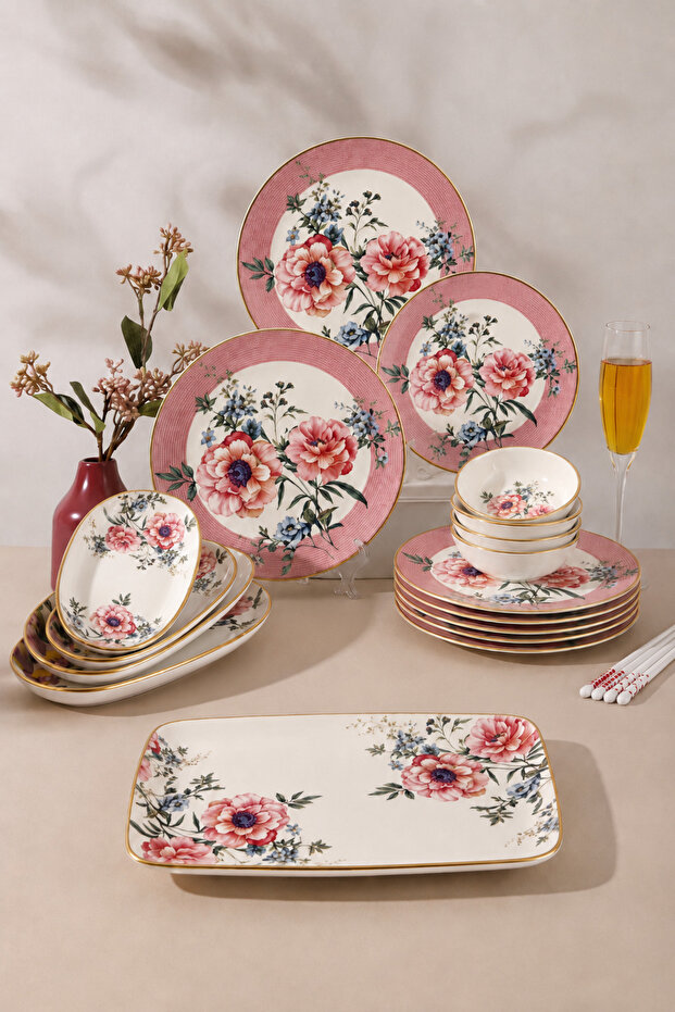 15 Piece Magnolya Breakfast and Presentation Set for 6 People Cake Plate Snack Plate Kayık Plate Ordövr Plate