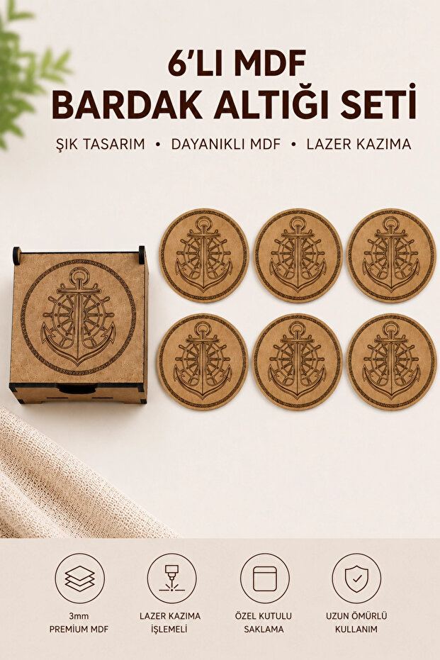 Set of 6 Anchor Patterned Mdf Coasters and Stand
