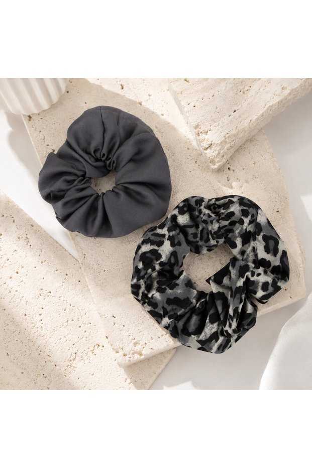 Handmade Satin Gray Leopard & Plain Gray Fabric Scrunchie Double Hair Clip Set