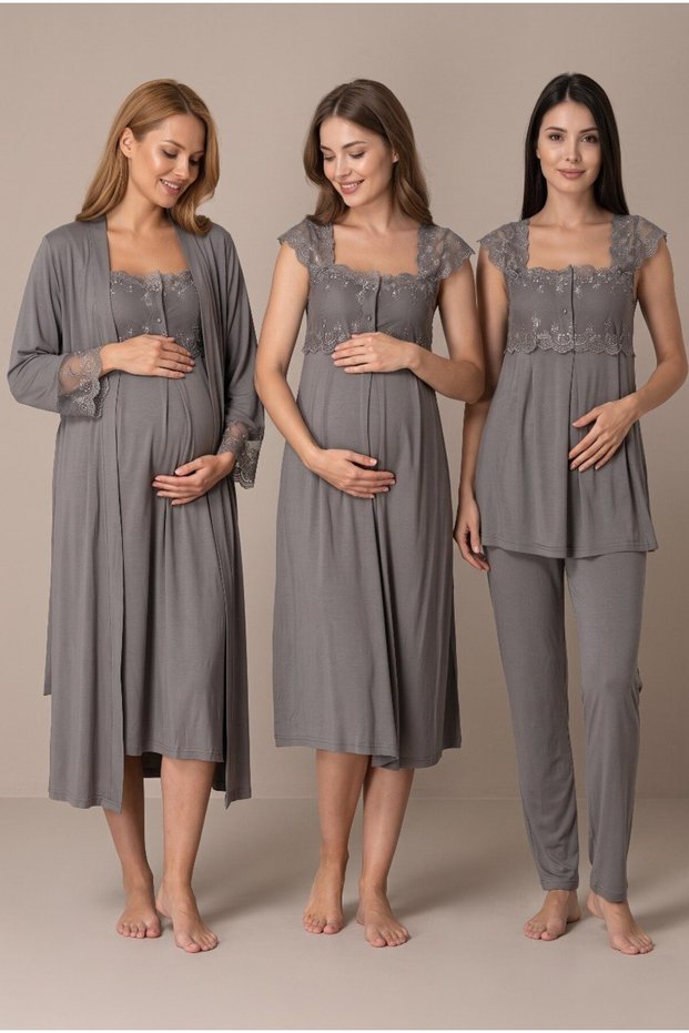 Women's New Season 4-Piece Maternity Nightgown Pajama Set with Smoked Lace and Nursing Features
