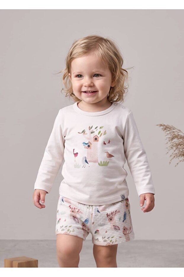 Organic Bird Printed Cream Color Spring Baby Girl Sweatshirt