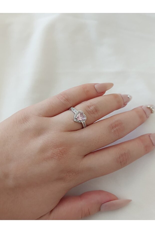 Pink Heart Zircon Stone Steel Gift Adjustable Ring for Lover