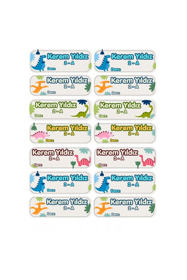 14 Pieces of Shiny Artistic Dinosaur Design School Labels - A4 Stickers with Names Written and Subjects, Cut-Out Design