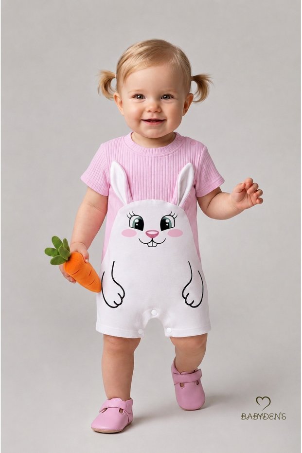 Baby Girl Shorts Jumpsuit with Rabbit Figure, 100% Cotton Summer Jumpsuit, Daily Baby Jumpsuit, 0-9 Months