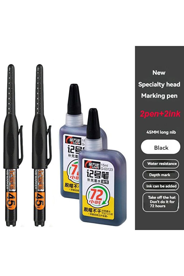 black 2pen 2ink 45mm Deep Hole Marker Pens Set Long Nib Head Carpenter Pen Waterproof for Measuring