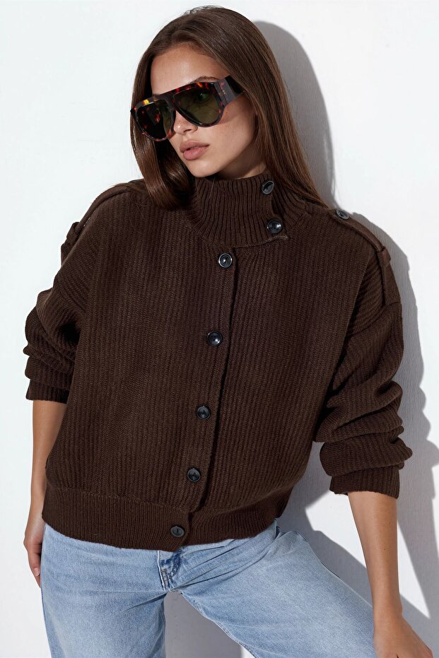 Viorna Ribbed Half Turtleneck Buttoned Cardigan