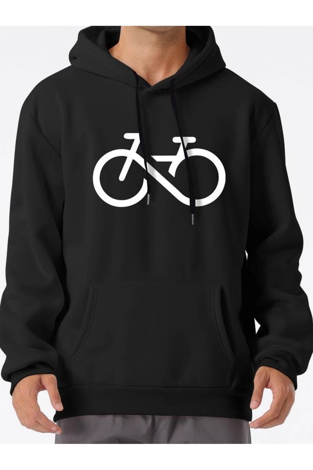 Men's Black Linear Bicycle Printed 3 Thread Hooded Hoodie Sweatshirt